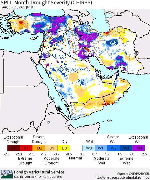 Middle East and Turkey SPI 1-Month Drought Severity (CHIRPS) Thematic Map For 8/1/2021 - 8/31/2021