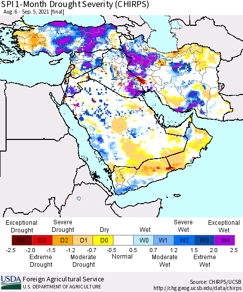 Middle East and Turkey SPI 1-Month Drought Severity (CHIRPS) Thematic Map For 8/6/2021 - 9/5/2021