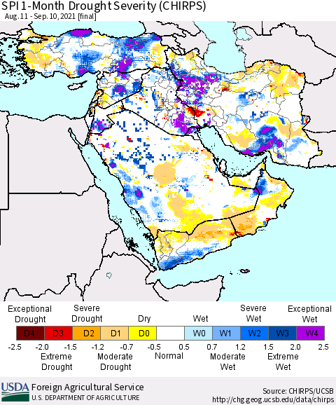 Middle East and Turkey SPI 1-Month Drought Severity (CHIRPS) Thematic Map For 8/11/2021 - 9/10/2021