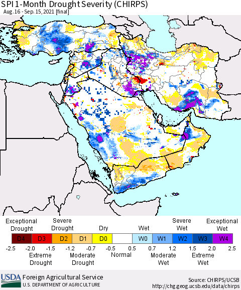 Middle East and Turkey SPI 1-Month Drought Severity (CHIRPS) Thematic Map For 8/16/2021 - 9/15/2021