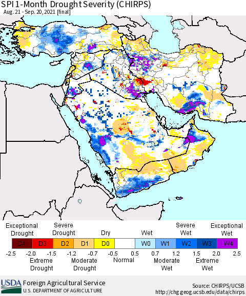 Middle East and Turkey SPI 1-Month Drought Severity (CHIRPS) Thematic Map For 8/21/2021 - 9/20/2021