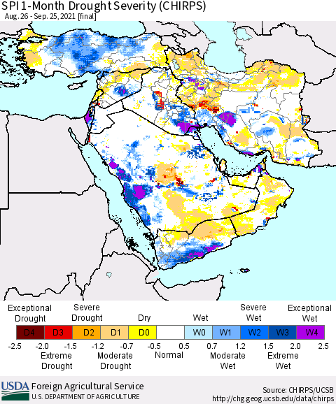 Middle East and Turkey SPI 1-Month Drought Severity (CHIRPS) Thematic Map For 8/26/2021 - 9/25/2021