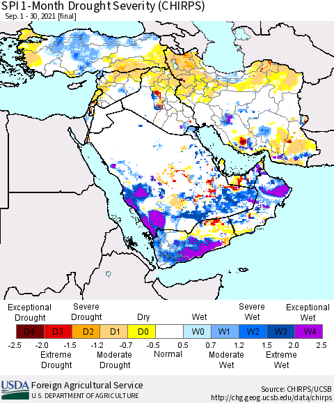 Middle East and Turkey SPI 1-Month Drought Severity (CHIRPS) Thematic Map For 9/1/2021 - 9/30/2021