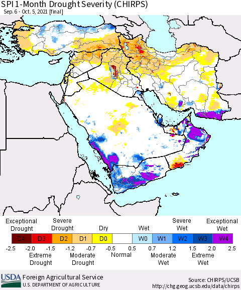 Middle East and Turkey SPI 1-Month Drought Severity (CHIRPS) Thematic Map For 9/6/2021 - 10/5/2021