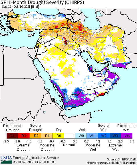 Middle East and Turkey SPI 1-Month Drought Severity (CHIRPS) Thematic Map For 9/11/2021 - 10/10/2021