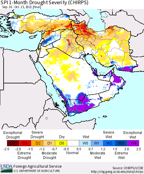 Middle East and Turkey SPI 1-Month Drought Severity (CHIRPS) Thematic Map For 9/16/2021 - 10/15/2021