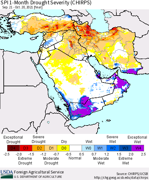 Middle East and Turkey SPI 1-Month Drought Severity (CHIRPS) Thematic Map For 9/21/2021 - 10/20/2021