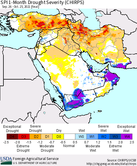 Middle East and Turkey SPI 1-Month Drought Severity (CHIRPS) Thematic Map For 9/26/2021 - 10/25/2021