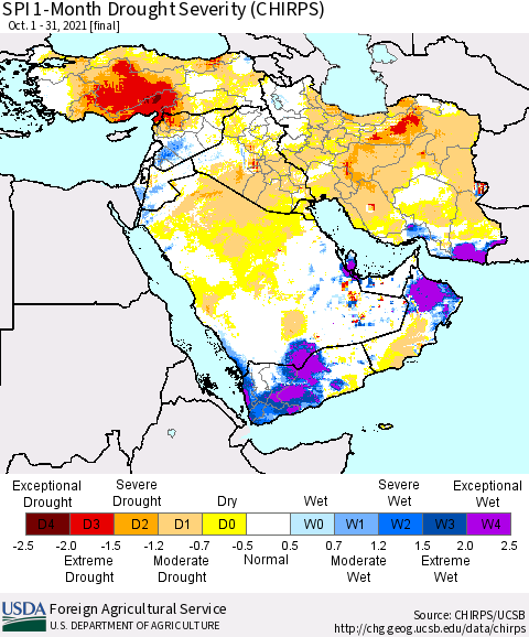 Middle East and Turkey SPI 1-Month Drought Severity (CHIRPS) Thematic Map For 10/1/2021 - 10/31/2021