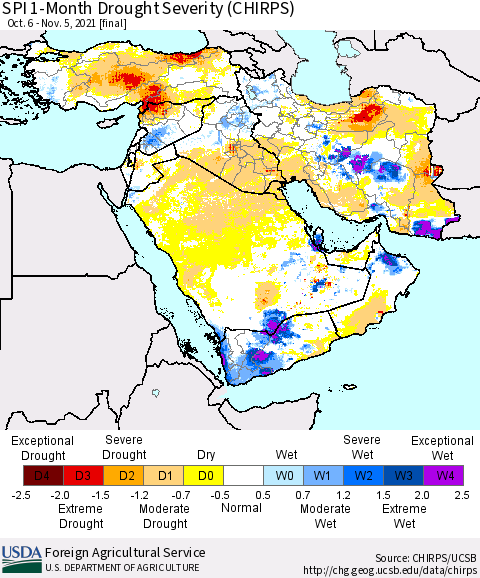 Middle East and Turkey SPI 1-Month Drought Severity (CHIRPS) Thematic Map For 10/6/2021 - 11/5/2021