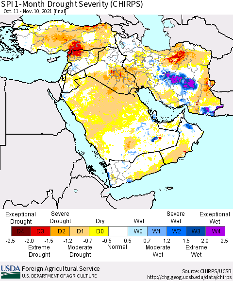 Middle East and Turkey SPI 1-Month Drought Severity (CHIRPS) Thematic Map For 10/11/2021 - 11/10/2021