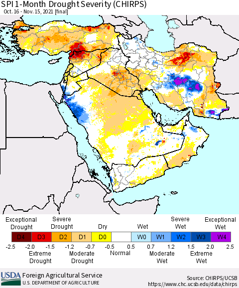 Middle East and Turkey SPI 1-Month Drought Severity (CHIRPS) Thematic Map For 10/16/2021 - 11/15/2021
