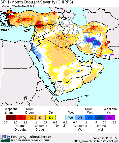 Middle East and Turkey SPI 1-Month Drought Severity (CHIRPS) Thematic Map For 10/21/2021 - 11/20/2021