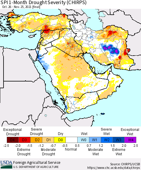 Middle East and Turkey SPI 1-Month Drought Severity (CHIRPS) Thematic Map For 10/26/2021 - 11/25/2021
