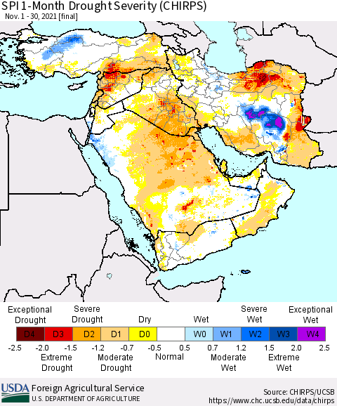 Middle East and Turkey SPI 1-Month Drought Severity (CHIRPS) Thematic Map For 11/1/2021 - 11/30/2021