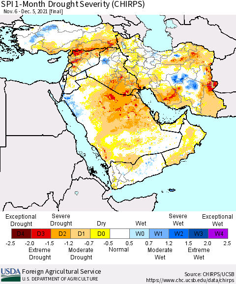 Middle East and Turkey SPI 1-Month Drought Severity (CHIRPS) Thematic Map For 11/6/2021 - 12/5/2021