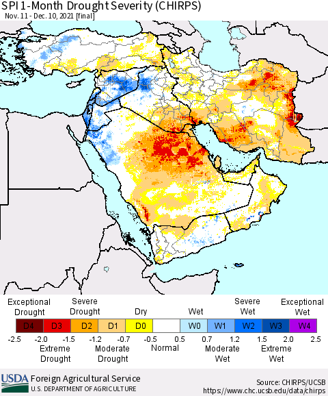 Middle East and Turkey SPI 1-Month Drought Severity (CHIRPS) Thematic Map For 11/11/2021 - 12/10/2021