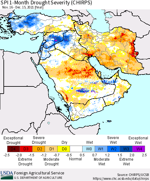 Middle East and Turkey SPI 1-Month Drought Severity (CHIRPS) Thematic Map For 11/16/2021 - 12/15/2021