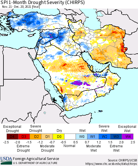 Middle East and Turkey SPI 1-Month Drought Severity (CHIRPS) Thematic Map For 11/21/2021 - 12/20/2021