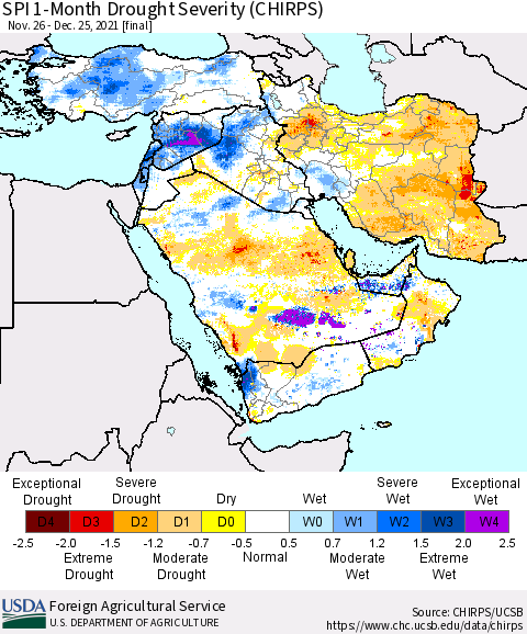 Middle East and Turkey SPI 1-Month Drought Severity (CHIRPS) Thematic Map For 11/26/2021 - 12/25/2021