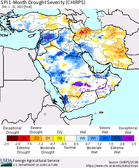 Middle East and Turkey SPI 1-Month Drought Severity (CHIRPS) Thematic Map For 12/1/2021 - 12/31/2021