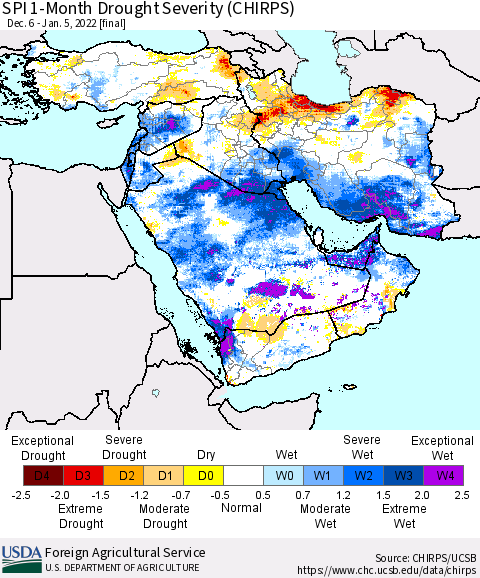 Middle East and Turkey SPI 1-Month Drought Severity (CHIRPS) Thematic Map For 12/6/2021 - 1/5/2022