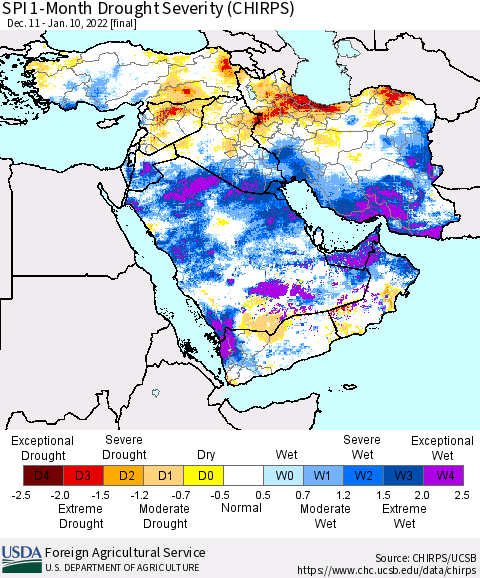 Middle East and Turkey SPI 1-Month Drought Severity (CHIRPS) Thematic Map For 12/11/2021 - 1/10/2022