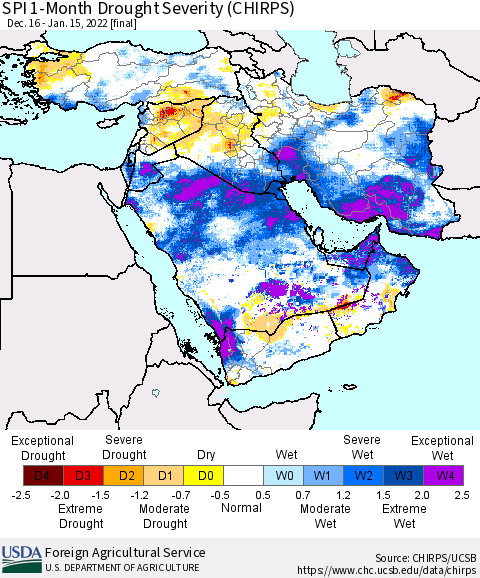 Middle East and Turkey SPI 1-Month Drought Severity (CHIRPS) Thematic Map For 12/16/2021 - 1/15/2022