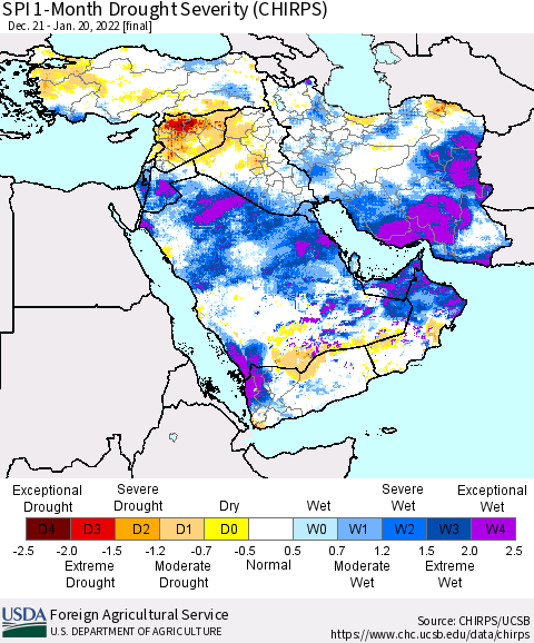 Middle East and Turkey SPI 1-Month Drought Severity (CHIRPS) Thematic Map For 12/21/2021 - 1/20/2022