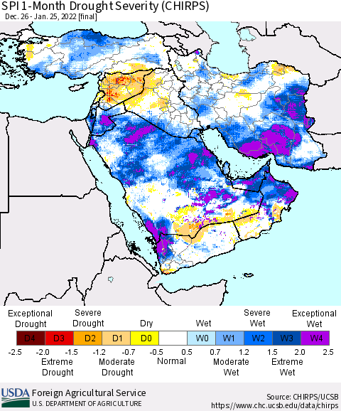 Middle East and Turkey SPI 1-Month Drought Severity (CHIRPS) Thematic Map For 12/26/2021 - 1/25/2022