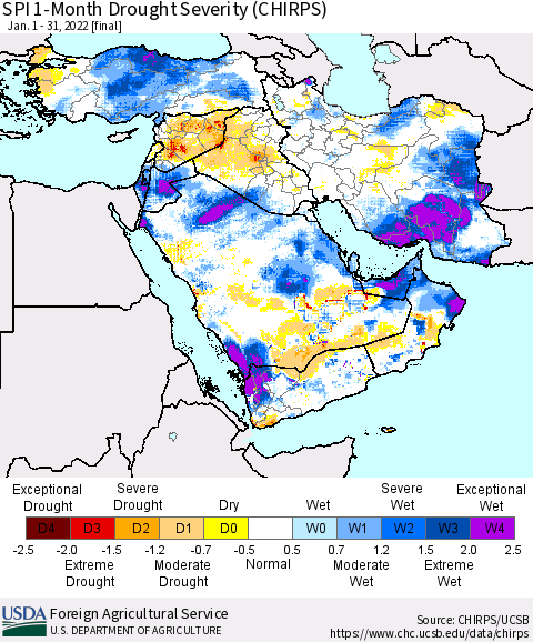 Middle East and Turkey SPI 1-Month Drought Severity (CHIRPS) Thematic Map For 1/1/2022 - 1/31/2022