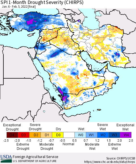 Middle East and Turkey SPI 1-Month Drought Severity (CHIRPS) Thematic Map For 1/6/2022 - 2/5/2022