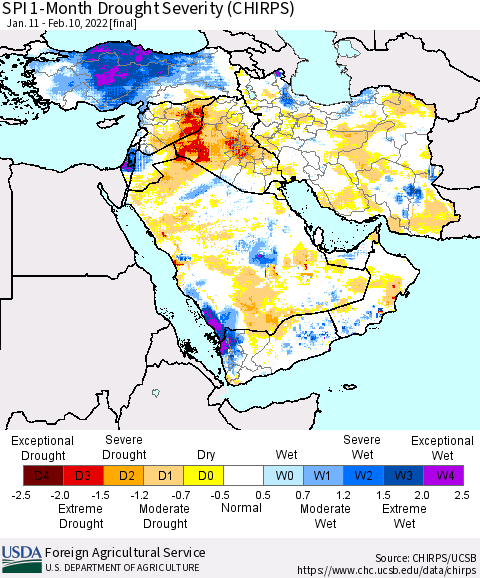 Middle East and Turkey SPI 1-Month Drought Severity (CHIRPS) Thematic Map For 1/11/2022 - 2/10/2022
