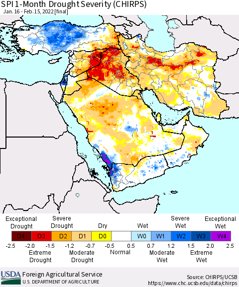 Middle East and Turkey SPI 1-Month Drought Severity (CHIRPS) Thematic Map For 1/16/2022 - 2/15/2022