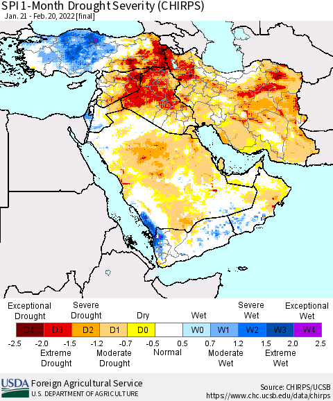 Middle East and Turkey SPI 1-Month Drought Severity (CHIRPS) Thematic Map For 1/21/2022 - 2/20/2022