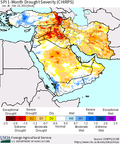 Middle East and Turkey SPI 1-Month Drought Severity (CHIRPS) Thematic Map For 1/26/2022 - 2/25/2022