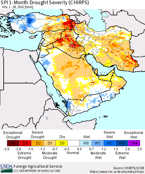Middle East and Turkey SPI 1-Month Drought Severity (CHIRPS) Thematic Map For 2/1/2022 - 2/28/2022