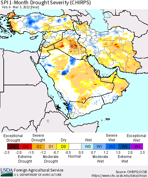 Middle East and Turkey SPI 1-Month Drought Severity (CHIRPS) Thematic Map For 2/6/2022 - 3/5/2022