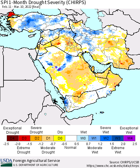 Middle East and Turkey SPI 1-Month Drought Severity (CHIRPS) Thematic Map For 2/11/2022 - 3/10/2022