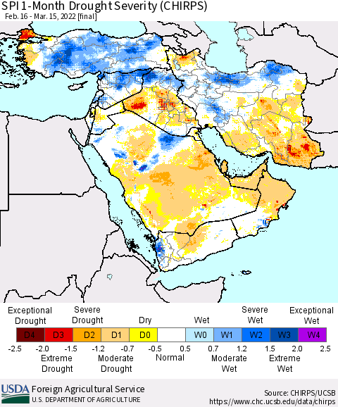 Middle East and Turkey SPI 1-Month Drought Severity (CHIRPS) Thematic Map For 2/16/2022 - 3/15/2022