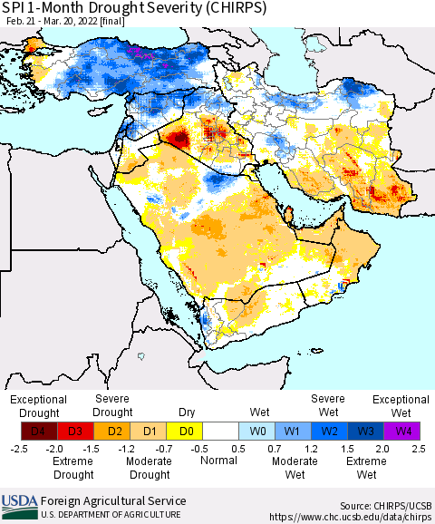 Middle East and Turkey SPI 1-Month Drought Severity (CHIRPS) Thematic Map For 2/21/2022 - 3/20/2022