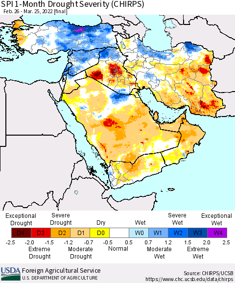 Middle East and Turkey SPI 1-Month Drought Severity (CHIRPS) Thematic Map For 2/26/2022 - 3/25/2022