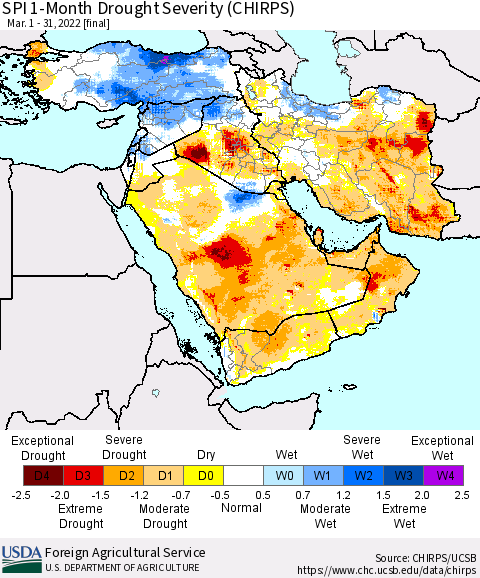 Middle East and Turkey SPI 1-Month Drought Severity (CHIRPS) Thematic Map For 3/1/2022 - 3/31/2022