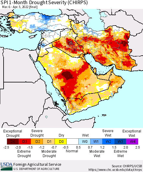 Middle East and Turkey SPI 1-Month Drought Severity (CHIRPS) Thematic Map For 3/6/2022 - 4/5/2022