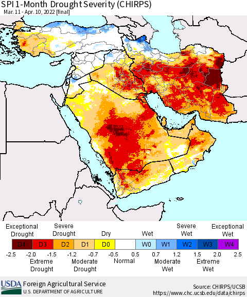 Middle East and Turkey SPI 1-Month Drought Severity (CHIRPS) Thematic Map For 3/11/2022 - 4/10/2022