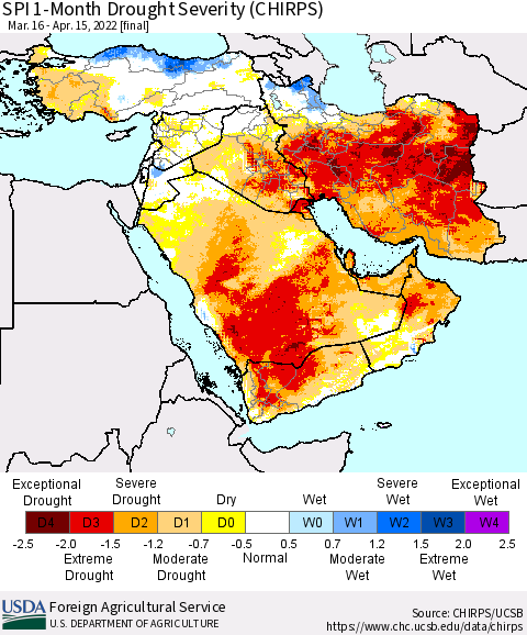 Middle East and Turkey SPI 1-Month Drought Severity (CHIRPS) Thematic Map For 3/16/2022 - 4/15/2022