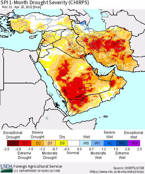 Middle East and Turkey SPI 1-Month Drought Severity (CHIRPS) Thematic Map For 3/21/2022 - 4/20/2022