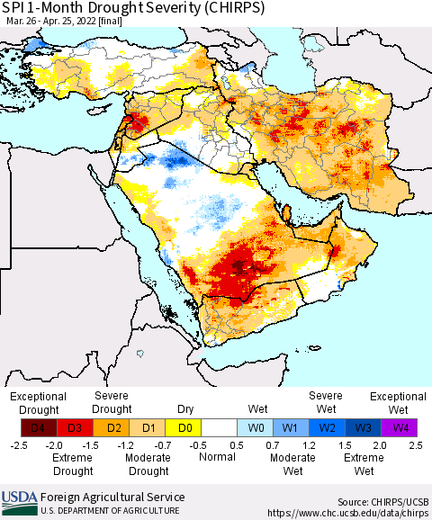 Middle East and Turkey SPI 1-Month Drought Severity (CHIRPS) Thematic Map For 3/26/2022 - 4/25/2022