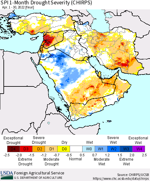 Middle East and Turkey SPI 1-Month Drought Severity (CHIRPS) Thematic Map For 4/1/2022 - 4/30/2022