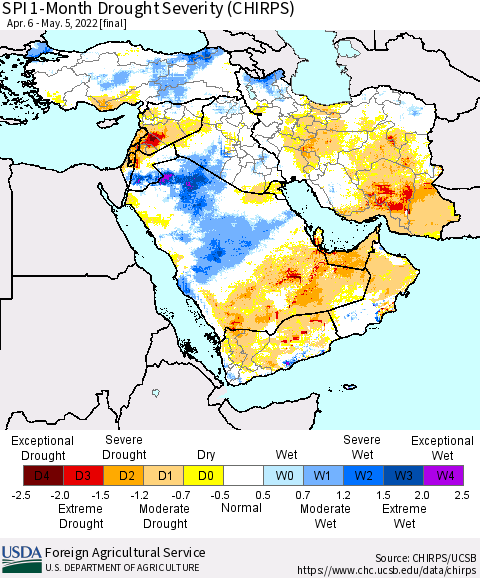 Middle East and Turkey SPI 1-Month Drought Severity (CHIRPS) Thematic Map For 4/6/2022 - 5/5/2022